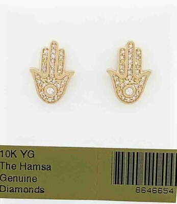 GENUINE DIAMOND HAMSA STUD EARRINGS 10K GOLD - Free Certificate - Screw Back