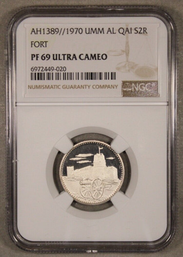 AH1389 1970 Umm Al Qaiwain Silver 2 Riyals Fort NGC PF 69 Ultra Cameo