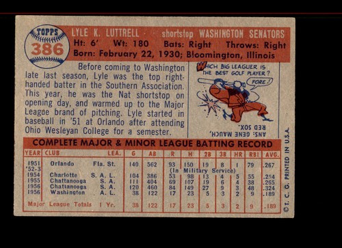 1957 Topps #386 Lyle Luttrell EX - Imagen 2 de 2
