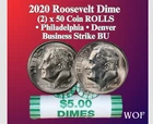 2020 P & D  ROOSEVELT DIME 2 ROLL SET NEW BU 100 COINS UNSEARCHED