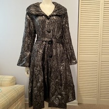 Jerry T Women Dress Coat Black Silver Pattern Crinkle Pockets Big Collar Sz L