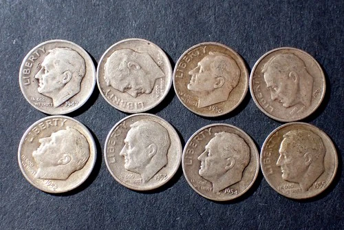8 Roosevelt Dimes dated 1947S 48S 50S 51S 52S 53S 54S VG/Fine Condition ROOS 055