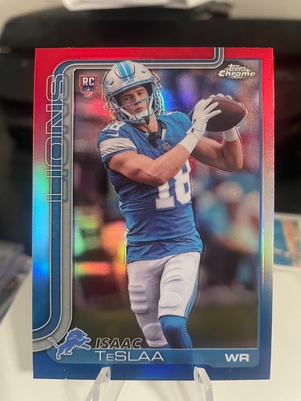 2025 Topps Chrome Isaac Teslaa Red White & Blue Refractor (RC) Detroit Lions