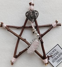 Dangly stick pentacle, protection - hawthorn, rose quartz, gift/witch/magick