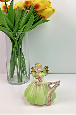 Vintage Josef Birthday Girl Angel Figurine Age 7 Ceramic 4'' Tall Green Dress