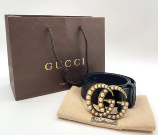 Gucci 453260 GG Marmont Pearl Leather Size 80/32 Black Belt W/Dustbag i090844