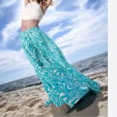 New True Destinations Palazzo Pants Wide Leg Ruffle Turquois Aqua Blue NWT Zebra