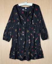 Old Navy Velvet Trim Black Floral Dress Womens Size Medium Tassels Satin