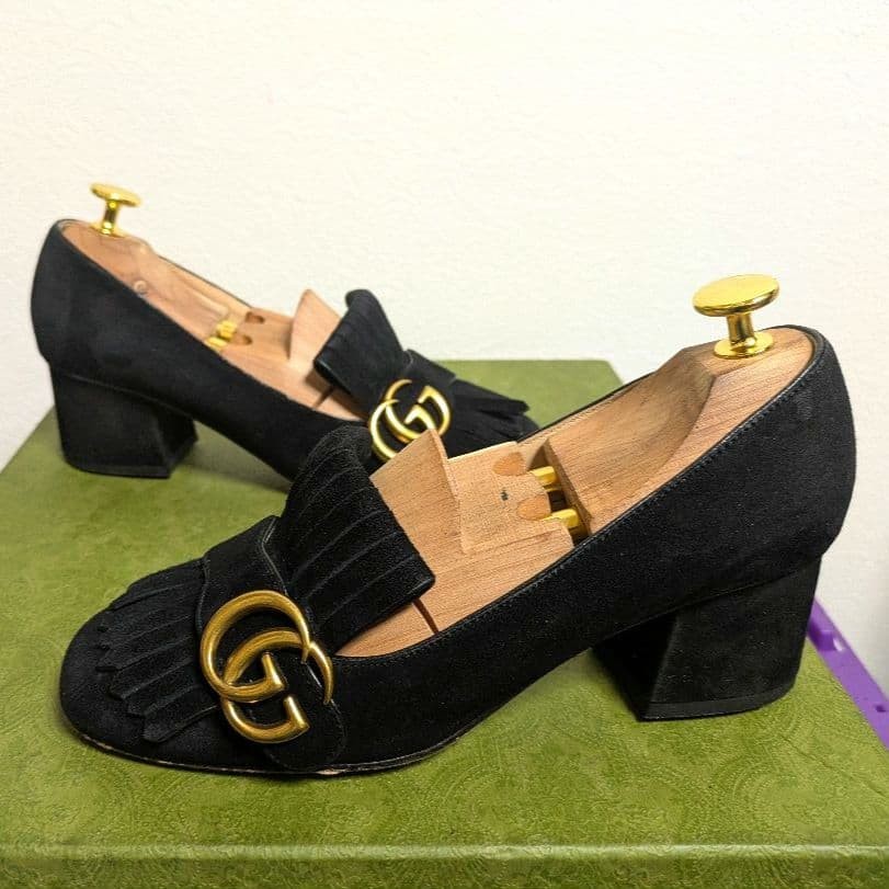 Auth Gucci GG Marmont Fringe Pumps Leather Black Logo Heel EU36 US6 UK3 thumbnail 11