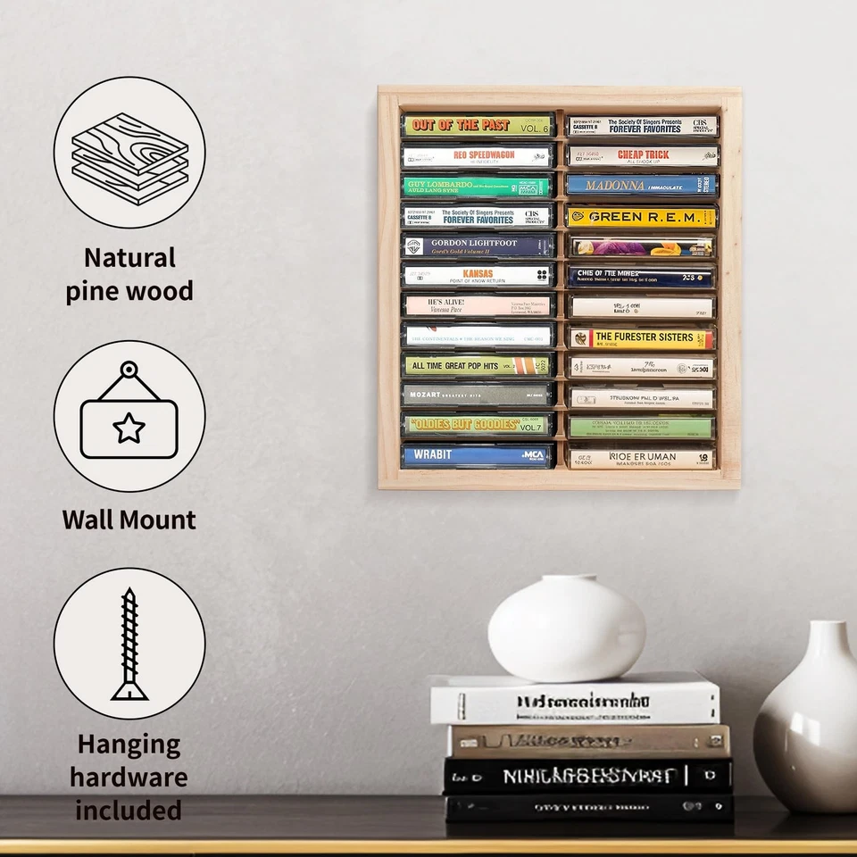 Estante de almacenamiento de cinta de casete, soporte de cinta de casete de madera de 24 ranuras, montaje en pared o... Foto 2 de 4