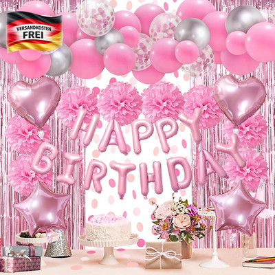 Rosa Geburtstagsdeko Set mit Ballons Pompons Girlande Kinder Mädchen Party Zubeh