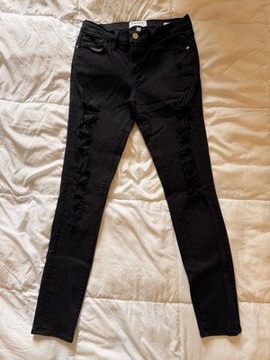 FRAME Women s Black Dark Wash Distressed Stretch Skinny Jeans Size 27