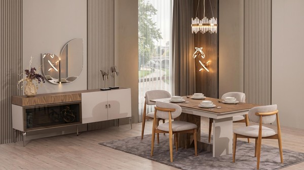 Modernes Esszimmer Set Esstisch StüHle(4X) Kommode Spiegel Beige Holz-image