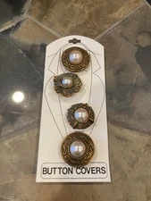 Vintage Set Of 4 Button Covers ~ Gold Bronze Tone Metal ~ Ornate Flowers ~ New