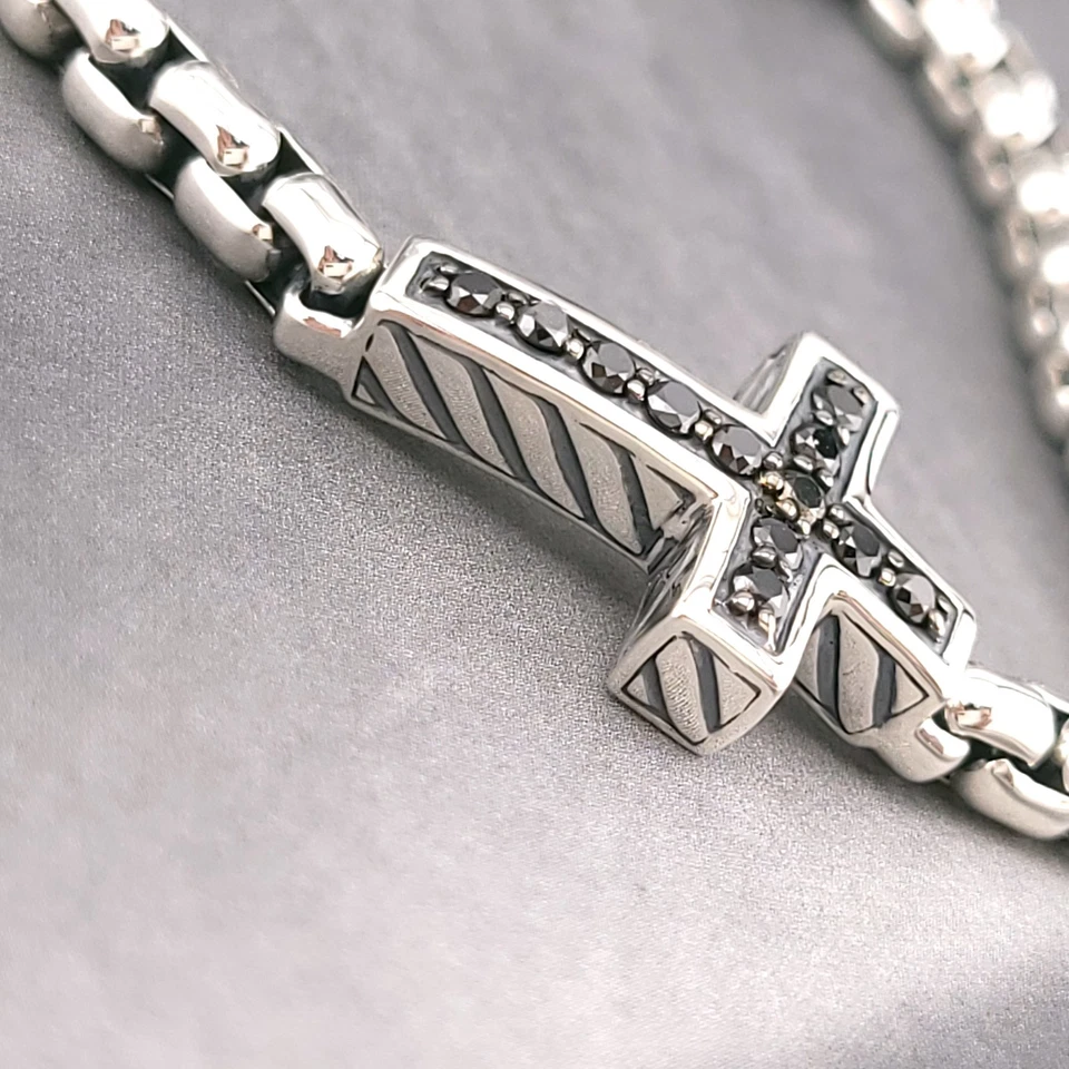 David Yurman 925 Sterling Silver Black Diamond Cross 5'mm Box Chain 8" Bracelet - Image 2 of 4