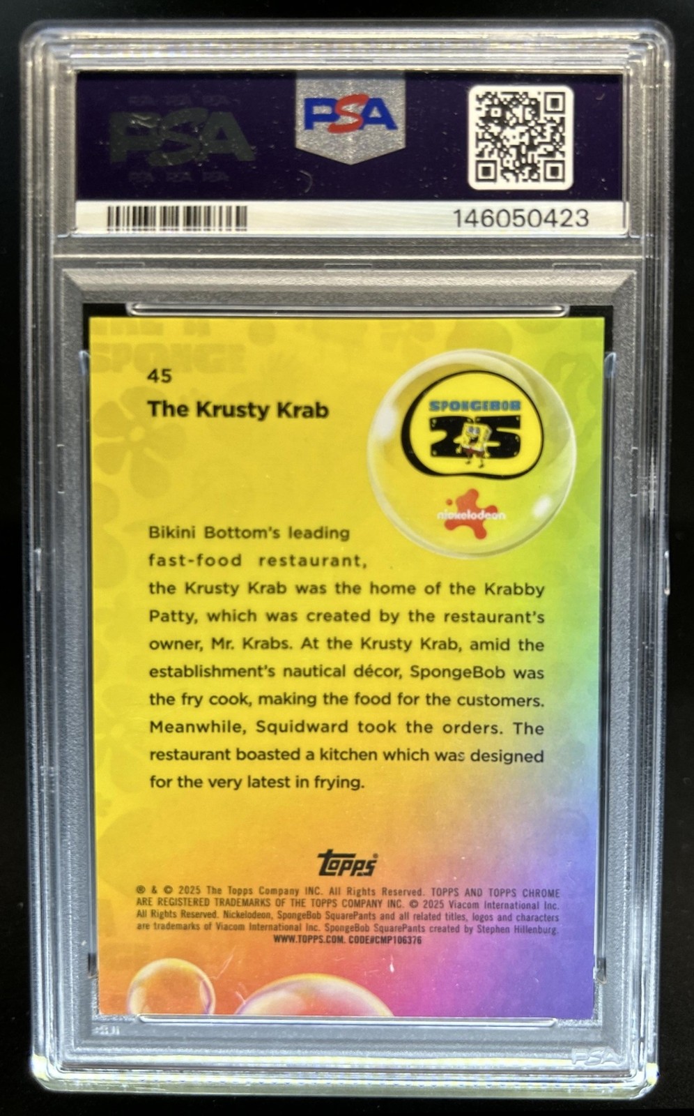 2025 Topps Chrome SpongeBob Sapphire The Krusty Krab Orange #/25 PSA 9 view 2