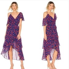 Misa Los Angeles Loulou ruffled midi dress in navy blue and red print size XS