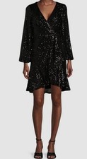 Eliza J Women's Black Sequined Stretch Faux-Wrap Fit & Flare Dress Size 10