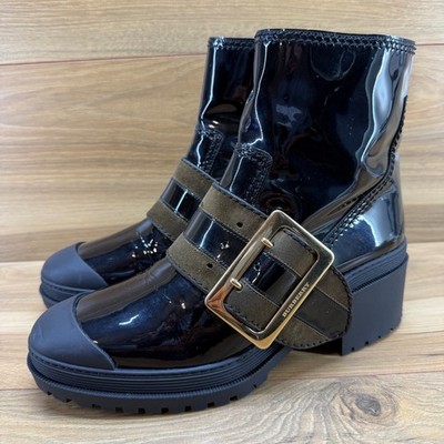 Burberry Winchester Buckle Chunky Lug Boots 9.5 EU 39.5 Black Patent Leather