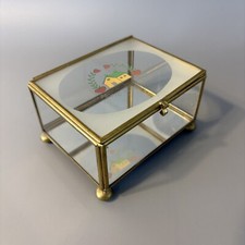 Brass Glass Small Trinket Display Box Footed Etched Lid Mirror Home Sweet Home