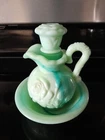 Vintage Avon Jadeite Green Swirl Milk Glass Rose Mini Bowl & Pitcher
