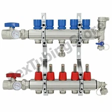 5-Branch PEX Radiant Floor Heating Manifold Set - Brass, for 3/8” 1/2” 5/8” PEX