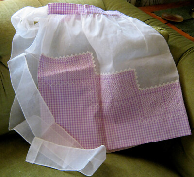 Vtg ORGANZA & GINGHAM Lavender White Counted Cross Stitch PARTY Two POCKET APRON