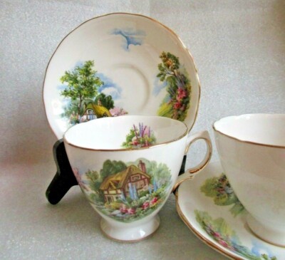 Vtg MCM   ROYAL VALE BONE CHINA ENGLAND Tea CUP & SAUCER Thatch Roof Cottage  