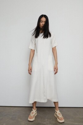 Warehouse Clean Cotton Trapeze Midi Dress Ecru S
