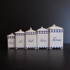 5 Behälter Gewürze Salz Kaffee Zucker Mehl Restauration Keramik XIX France N4286