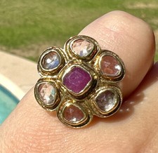 Vintage 925 Sterling Silver Vermeil Rose cut Quartz and Natural Ruby Ring