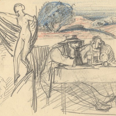 Female Nude Men Landscape Study Unsigned Color Pencil Drawing Circa 1910