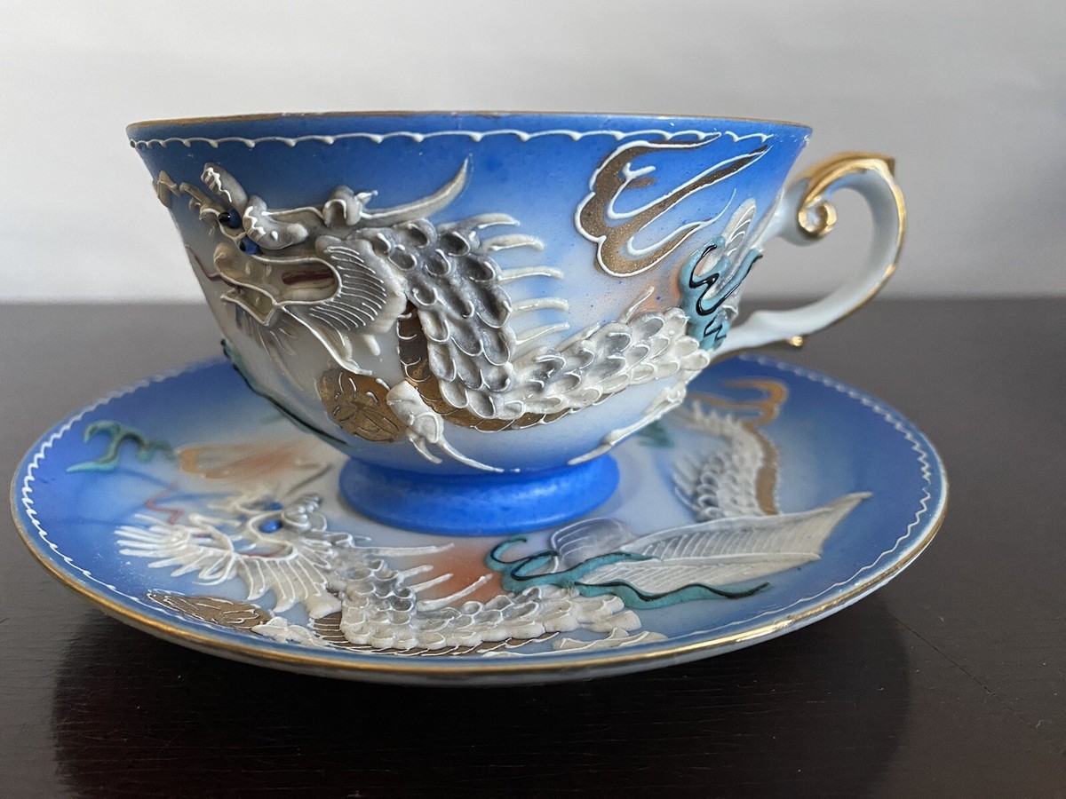 ビンテージ 額装 石蕗 鍔 笄☆アンティーク 細工 数奇 風流 粋 青海波 桜 Vintage Wales China, Japan Hand Painted 3d Dragon teacup and