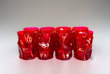 Vintage Set of 8 Ruby Red Juice Asymmetrical Pinch Glasses,  4-1/4" Tall