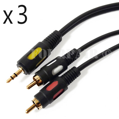 3 Pack Lot - 50ft (1/8'') 3.5mm AUX Stereo to 2 RCA Male Audio Y Cable Headphones