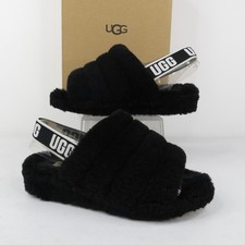 UGG Fluff Yeah Slide Slippers Womens Size 8 Black Shearling Logo Slingback Strap