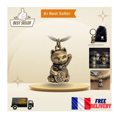 Cadeau Élégant - Porte-clés Chat Maneki Neko en Bronze Vieilli - 4,8 Étoiles - Photo 1/4