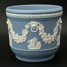 Wedgwood Blue Jasperware Small Planter Jardiniere Lion Head Relief England