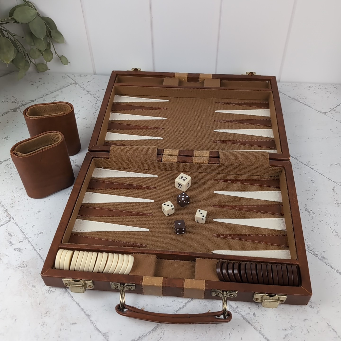 Vintage Backgammon Game Travel Case Set Faux Leather Tan Dark Brown 11" x 15"