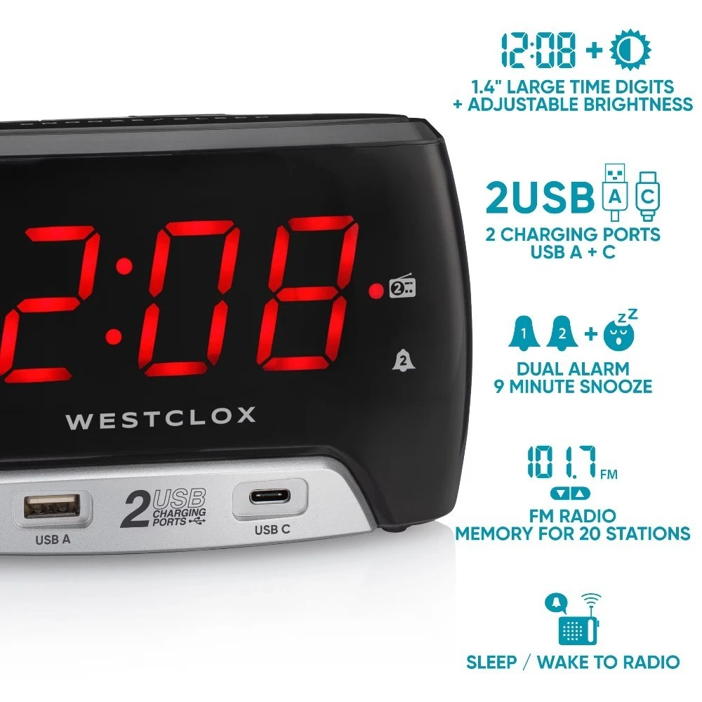 Electric Large 1.4” Red LED Digital FM Clock Radio 2 USB Charging Port with - thumbnail 5