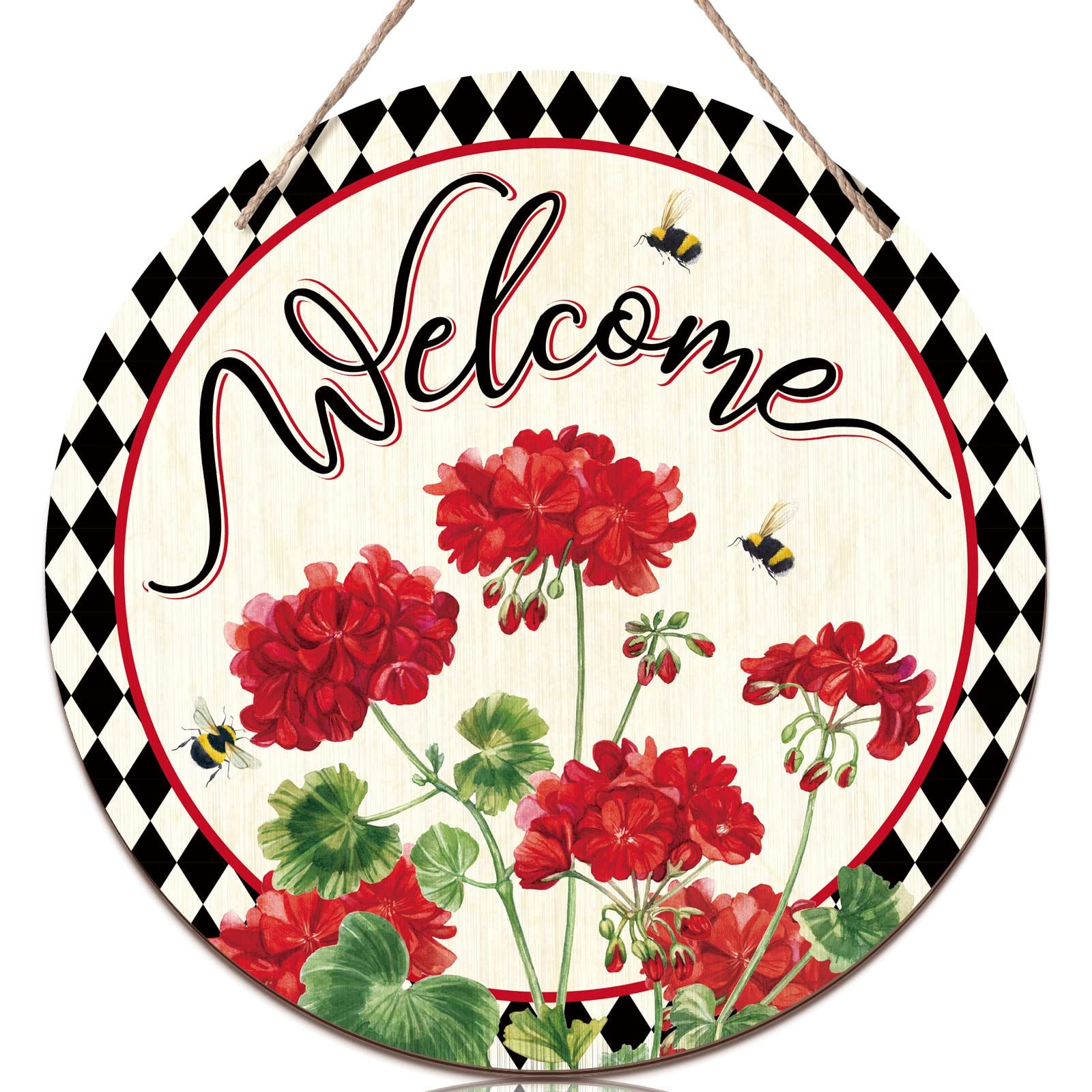 Wooden Buffalo Plaid Welcome Sign Wreath for Spring Summer Front Door