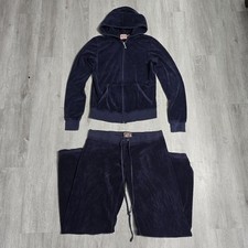 Vintage Y2K Juicy Couture Navy Blue Velour Velvet Tracksuit Set Flared Medium