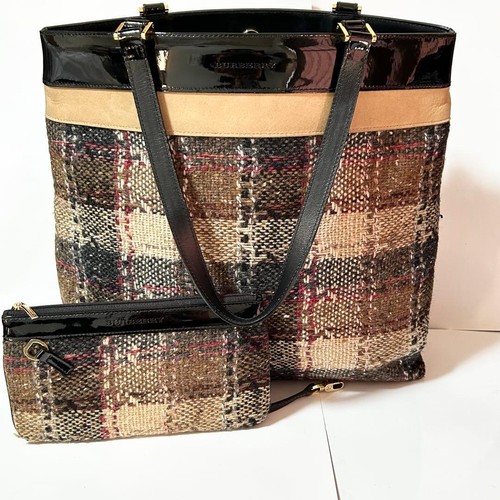 Burberry Beige Wool Suede Leather Large Tote Bag with Pouch Authentic
