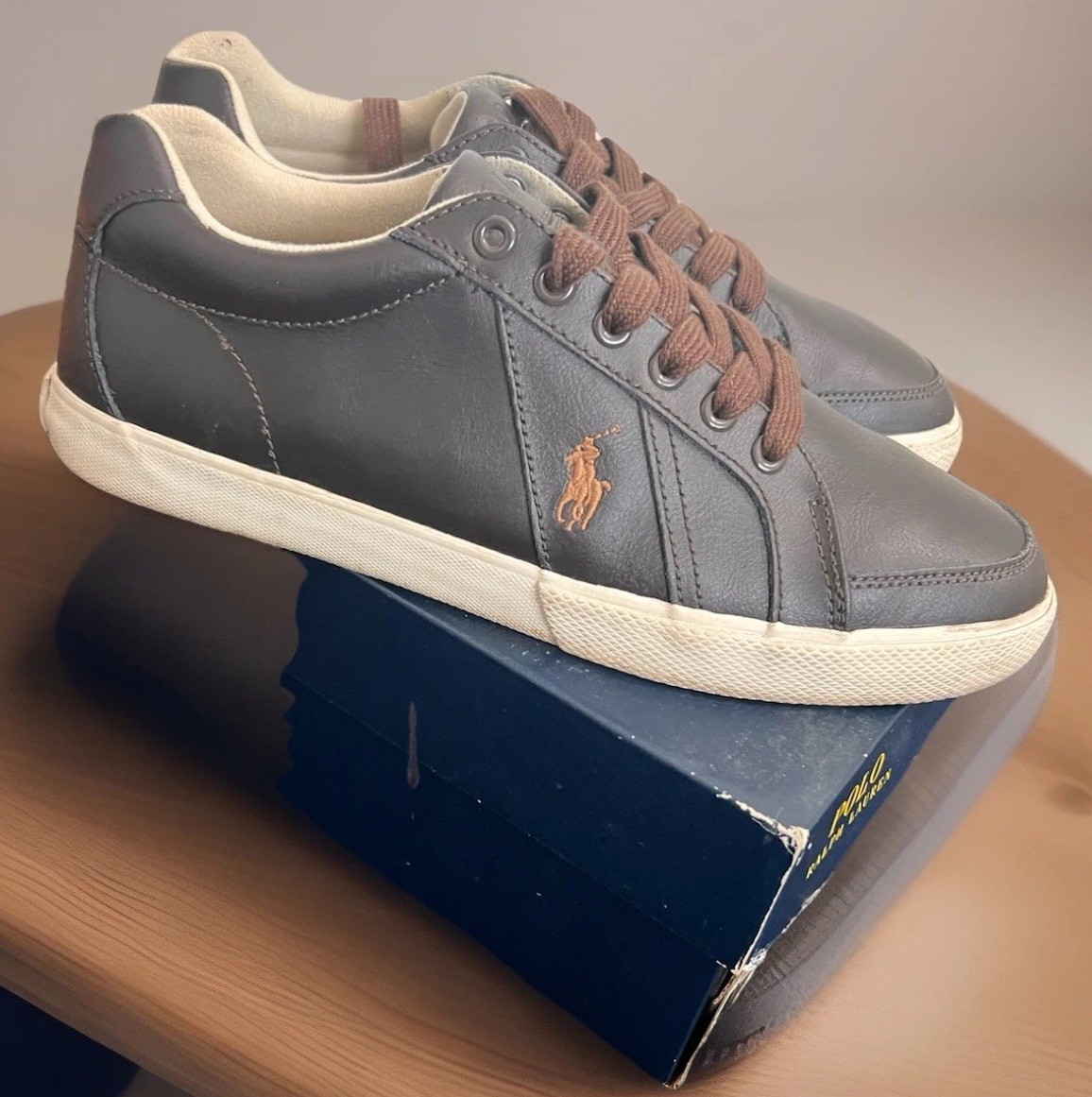 Polo Ralph Lauren HUGH pelle marrone taglia 10 5 D uomo sneakers basse pony