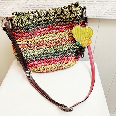 Vtg Y2K BRIGHTON Madagascar Multi-color Stripe Straw Raffia Crossbody Bag Boho