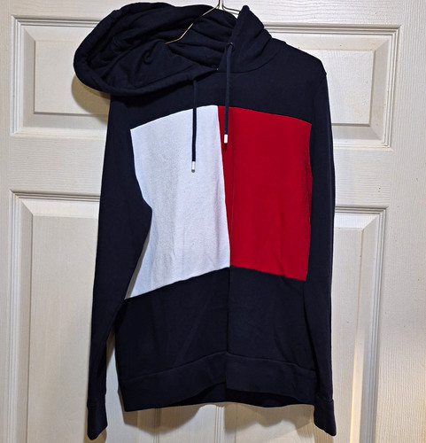 Tommy Hilfiger Men’s Colorblock Pullover Hoodie Navy/Red/White Drawstring M