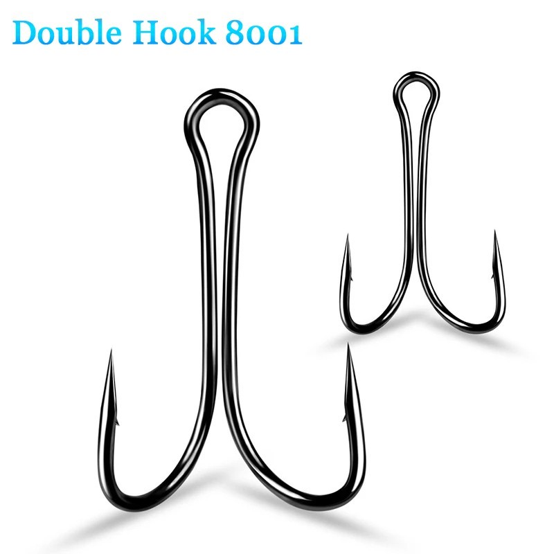 50pcs Barbed Double Hook Black High Carbon Steel Fly Fishing Lure Hook 8#-4/0#