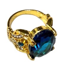 Gold Tone Blue Cubic Zirconia Statement Ring Size 8 Oval Stone Fashion