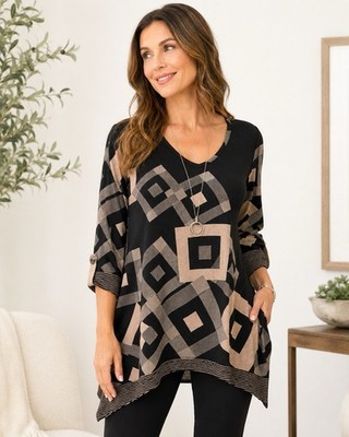 Lior Paris Women Tunic Top Size S Black Geometric 3/4 Sleeve Stretch