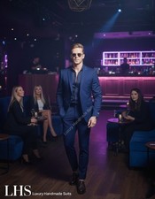 Blue two piece luxury suit for men , models for catwalk, wedding , party , prom